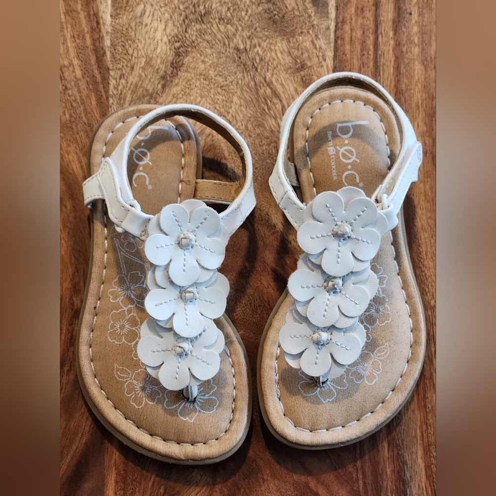 b.o.c. White and Tan Sandals with Floral Embellishments